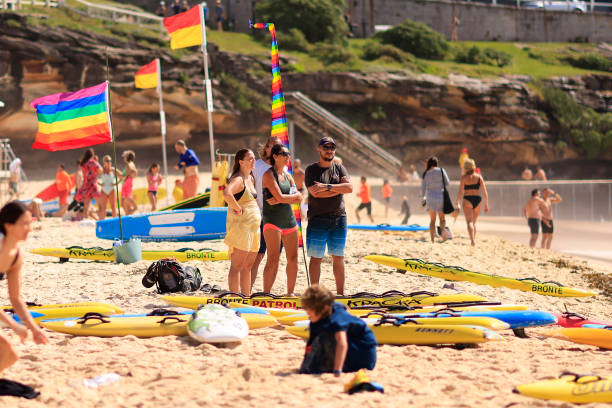 SYDNEY, AUSTRALIA - FEBRUARY 28: Rainbow flags are seen at Bronte beach on February 28, 2021 in Sydney, Australia. Sydney's iconic Bronte and Bondi beaches were transformed with all the colours of the rainbow as part of an initiative by Lifesavers with Pr